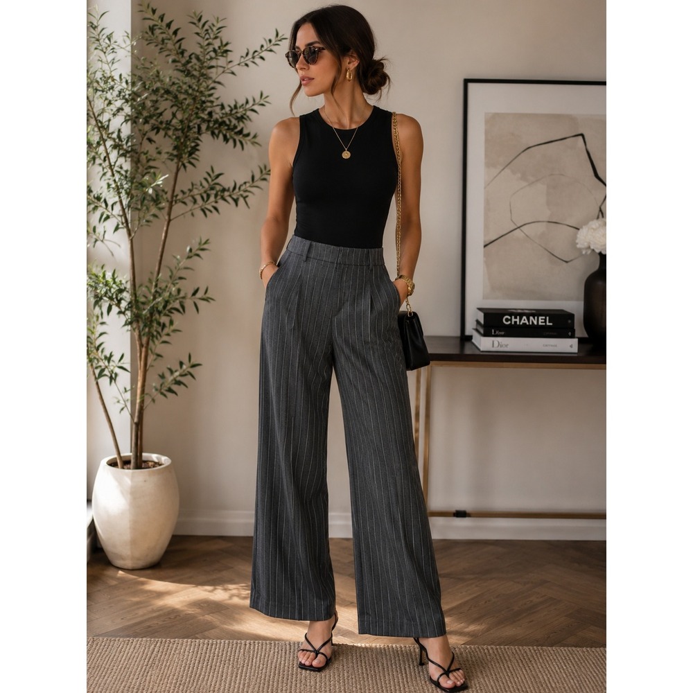 Commense Gray Pinstripe Wide Leg High Waist Career Dress Pants Trousers S